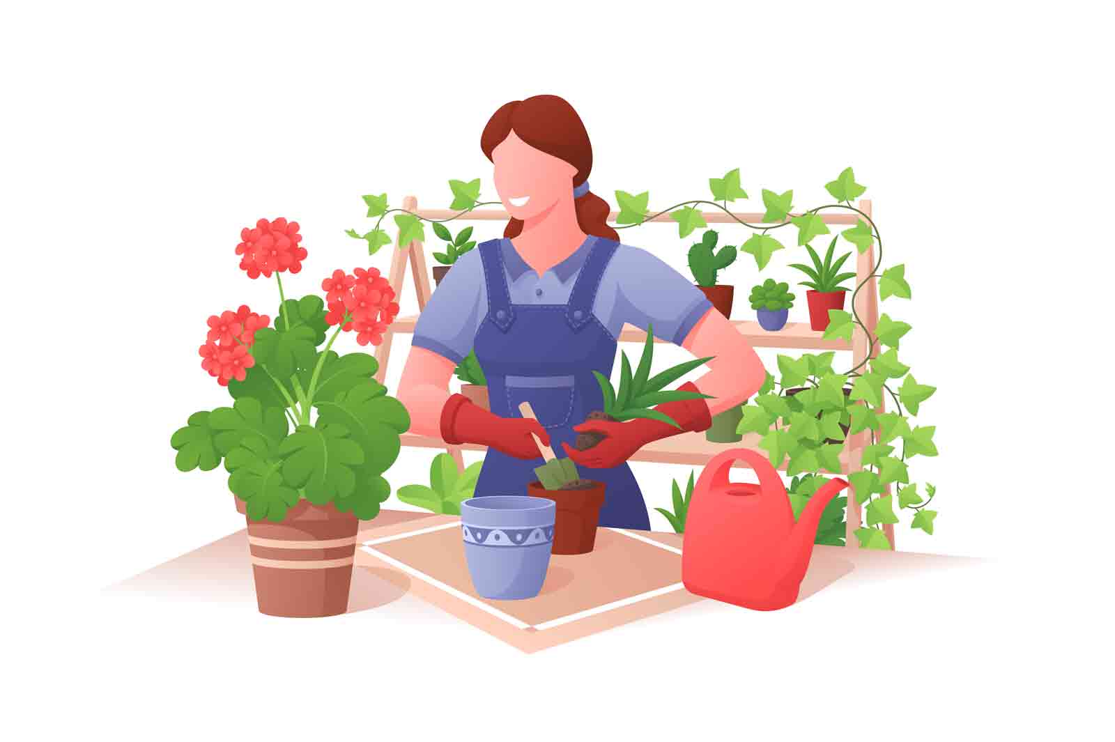 Home gardening, growing and caring for potted flowers or herbs vector illustration. Young woman watering houseplants flat style