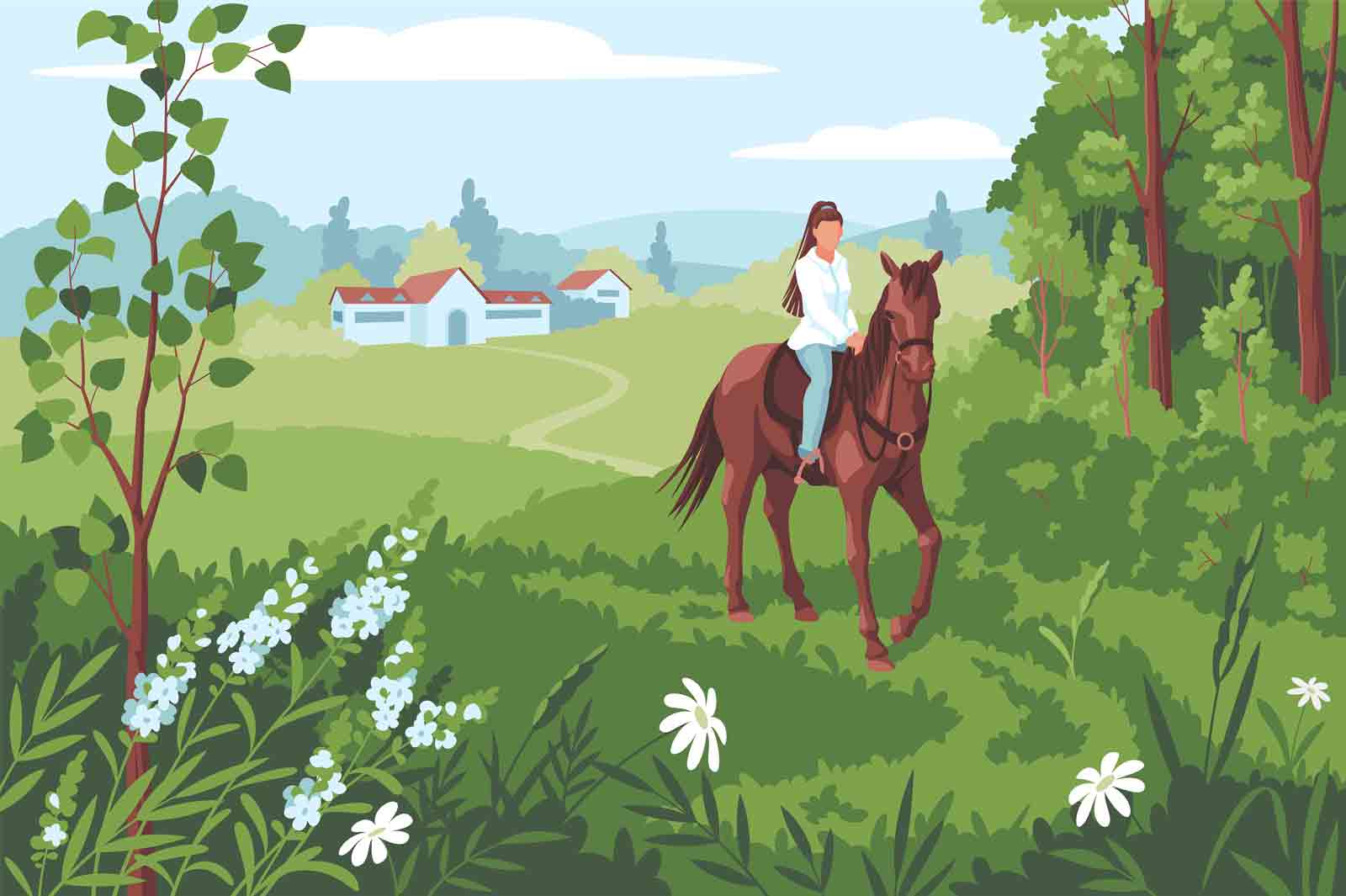 Girl horseback riding bay horse in nature vector illustration. Summer activities and equestrian hobbies at countryside flat concept