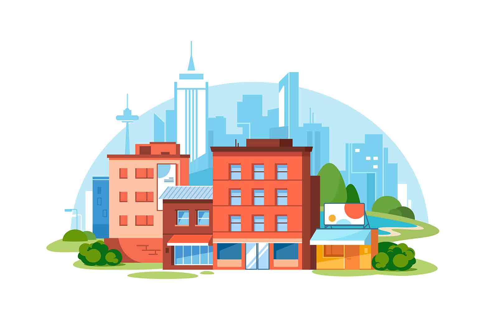 Urban landscape with skyscraper and multi-storey buildings vector illustration. City downtown. Modern cityscape flat style concept