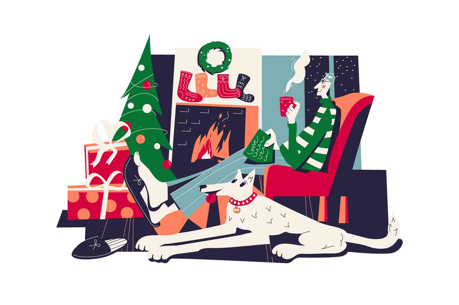 Man and dog relaxing near fireplace at home vector illustration. Christmas tree, gift boxes and snow outside window flat concept. Winter holidays idea