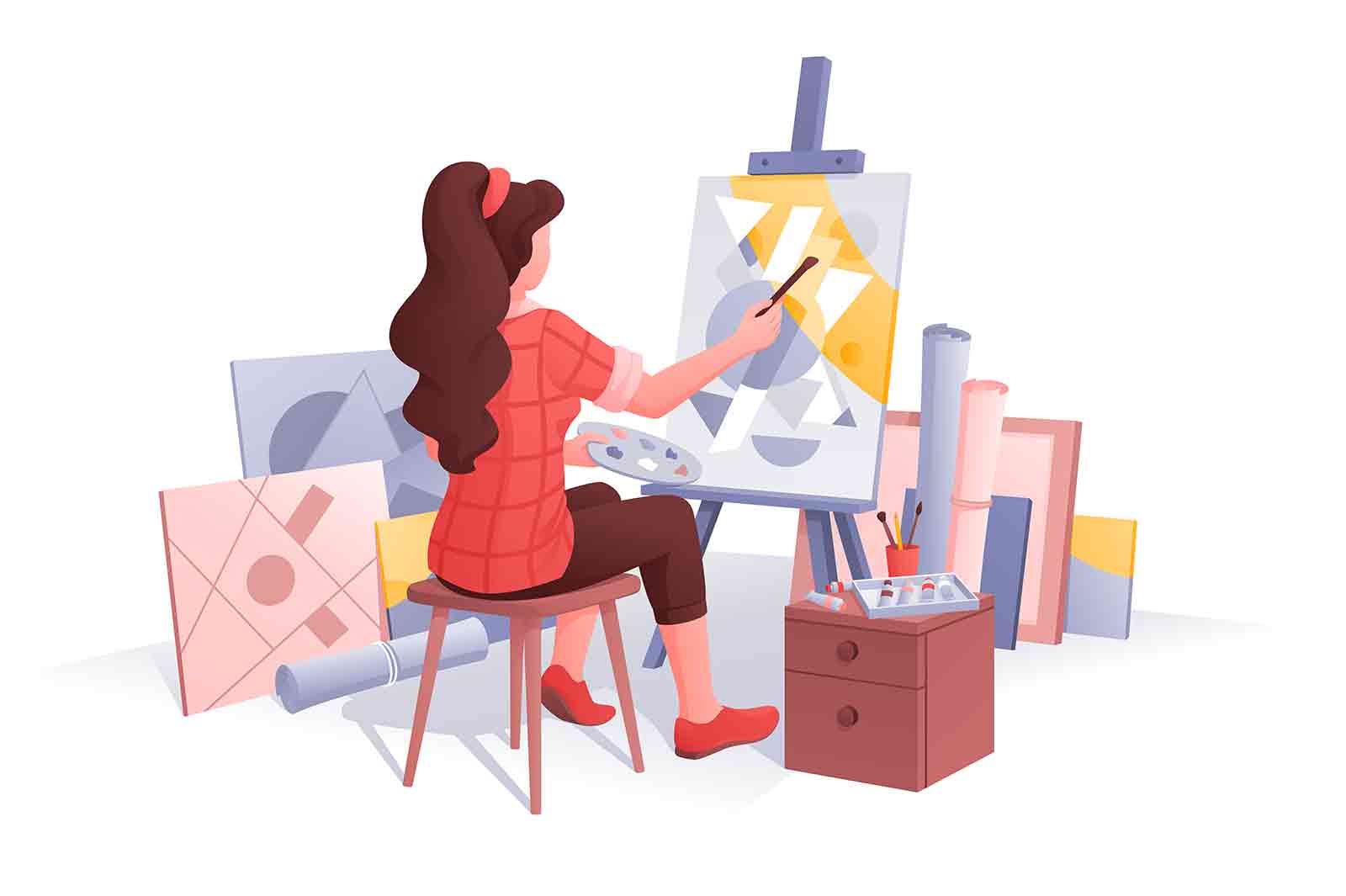 Woman artist painting picture at art workshop vector illustration. Young female drawing geometric abstraction flat concept. Modern art idea