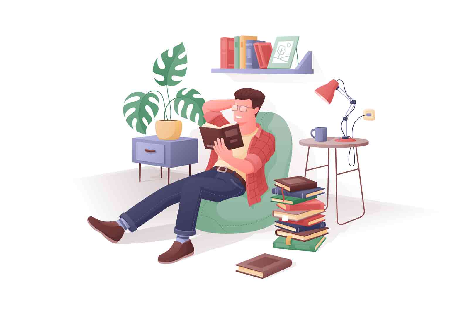 Man reading book at home, literacy day vector illustration. Read more book flat style concept. Guy relaxing with book. Reading people idea