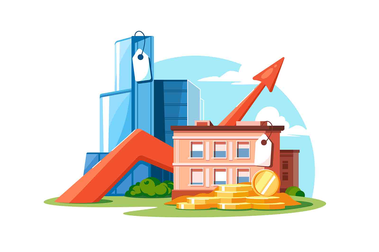 City buildings golden coins and up arrow vector illustration. Rise in property prices flat style concept. Property market idea