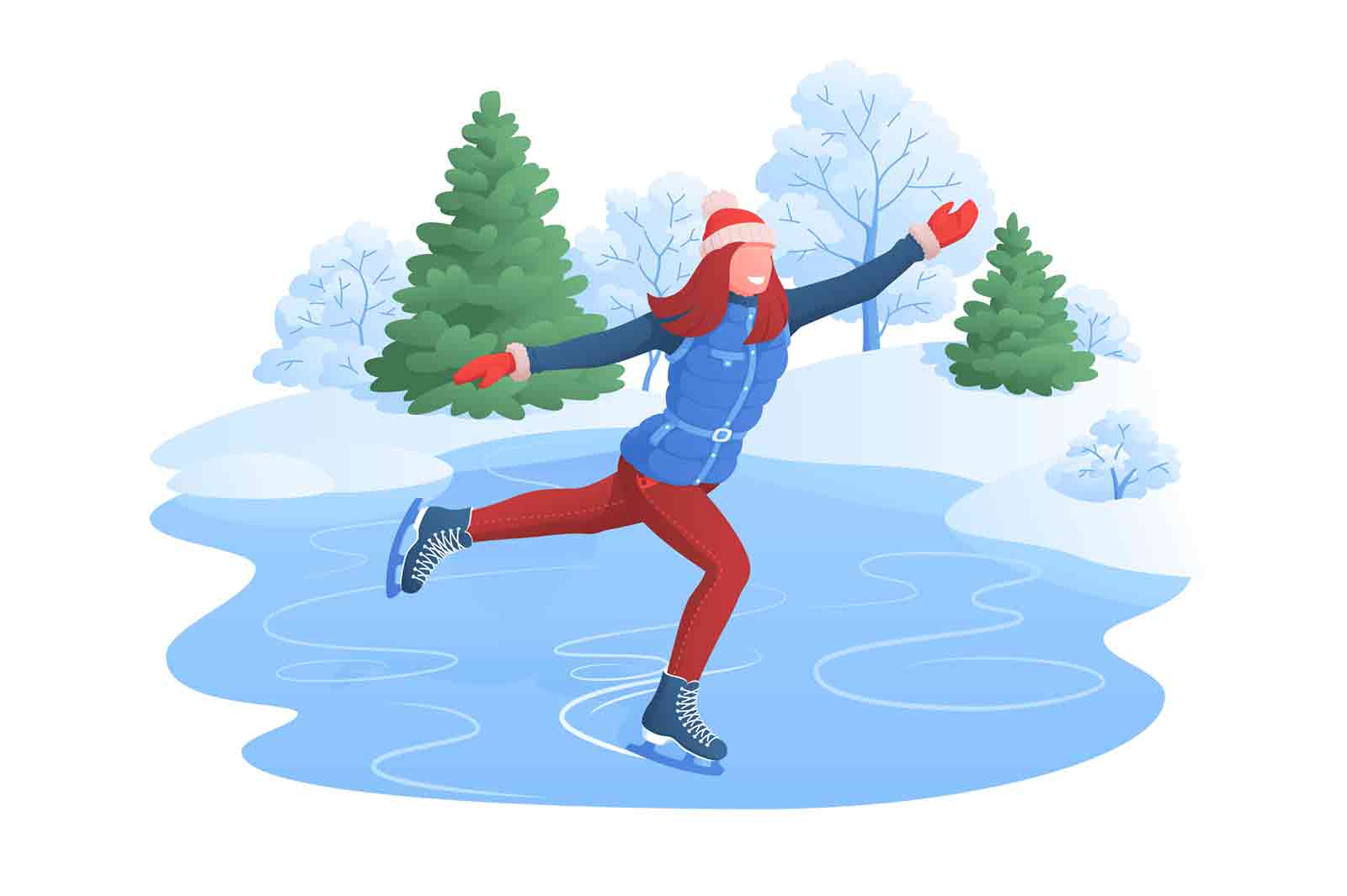 Happy woman skating on rink, winter fun vector illustration. Figure skating in city park flat concept. Winter hobby