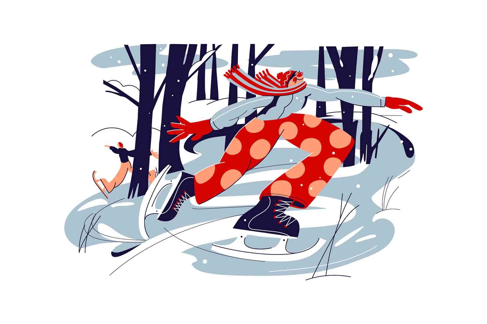 Ice skating on rink, winter outdoors activity vector illustration. Winter sports flat style concept. Figure skater idea