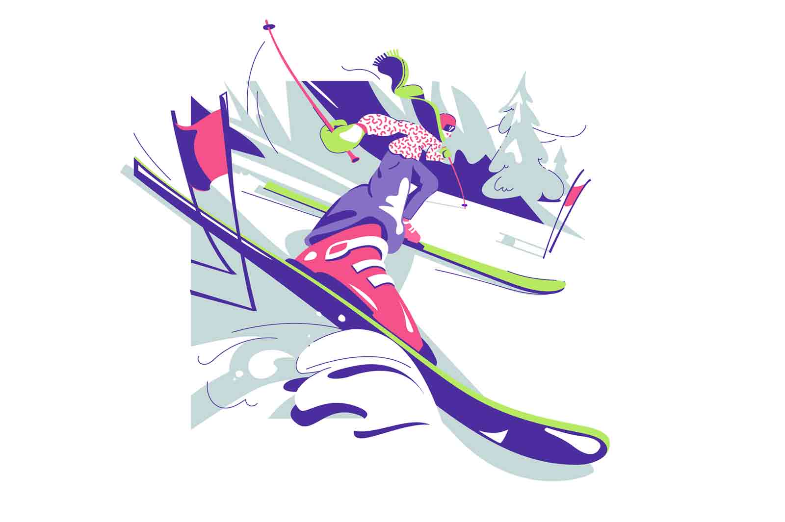 Skiing guy character in mountains on ski tool vector illustration. Advanced skier on downhill flat style. Winter sport activity concept