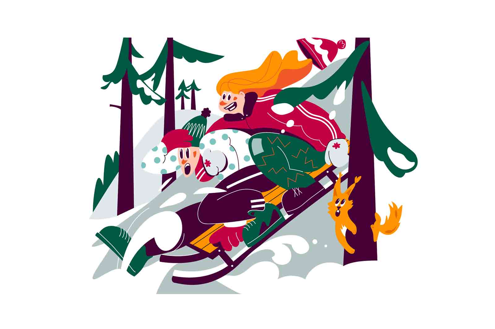 Girl and boy sledding together, winter outdoors activity vector illustration. Friends sledding down from slope flat style concept