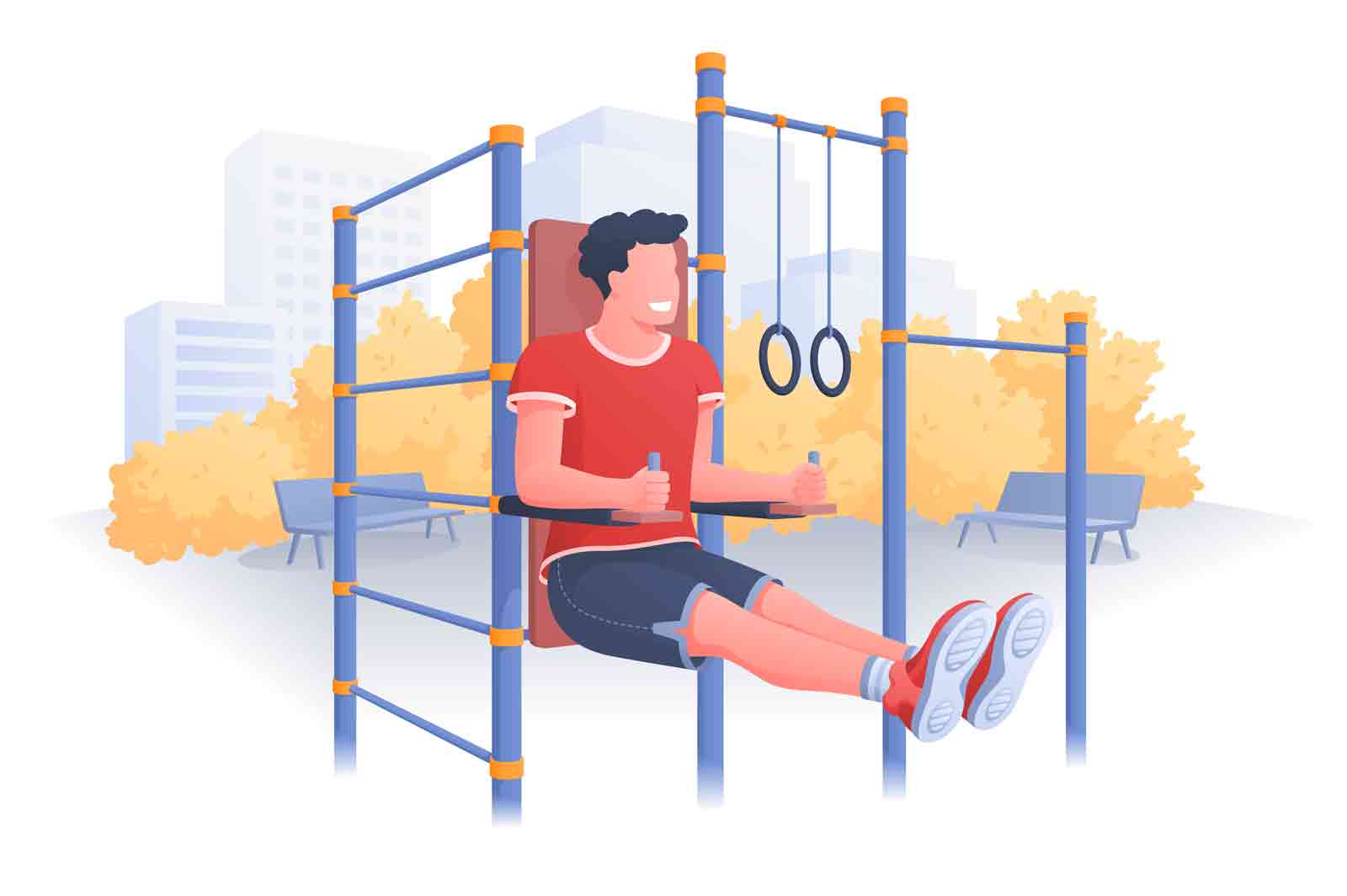 Street workout on sports ground in park vector illustration. Man training on parallel bars flat concept. Healthy and active lifestyle