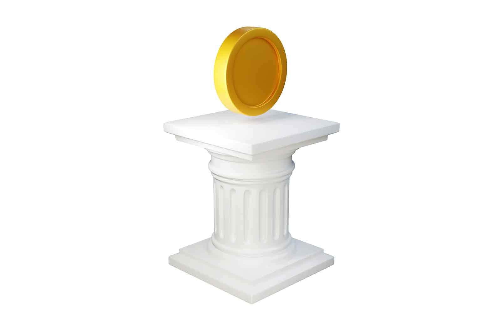 Antique column with golden coin on top icon 3D render illustration. Money exchange and financial services concept