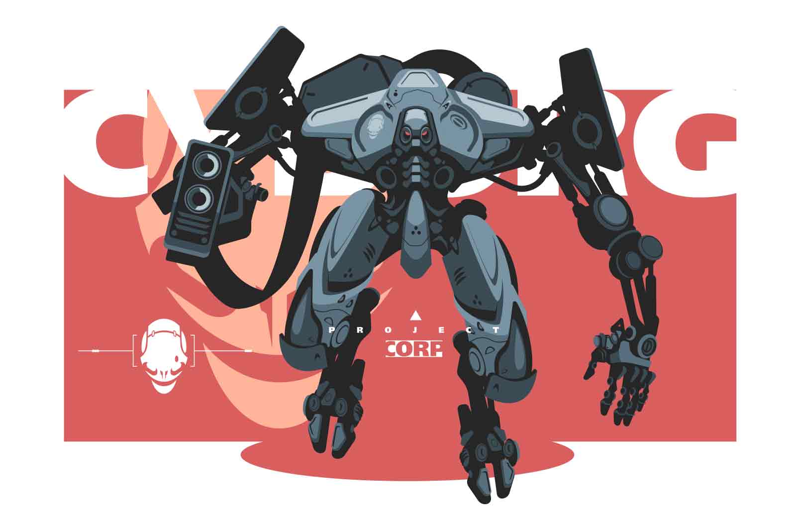 Cyborg, cybernetic military robot or modified corp vector illustration. Warrior fantasy cyborg, futuristic technology, mechanism machine gun