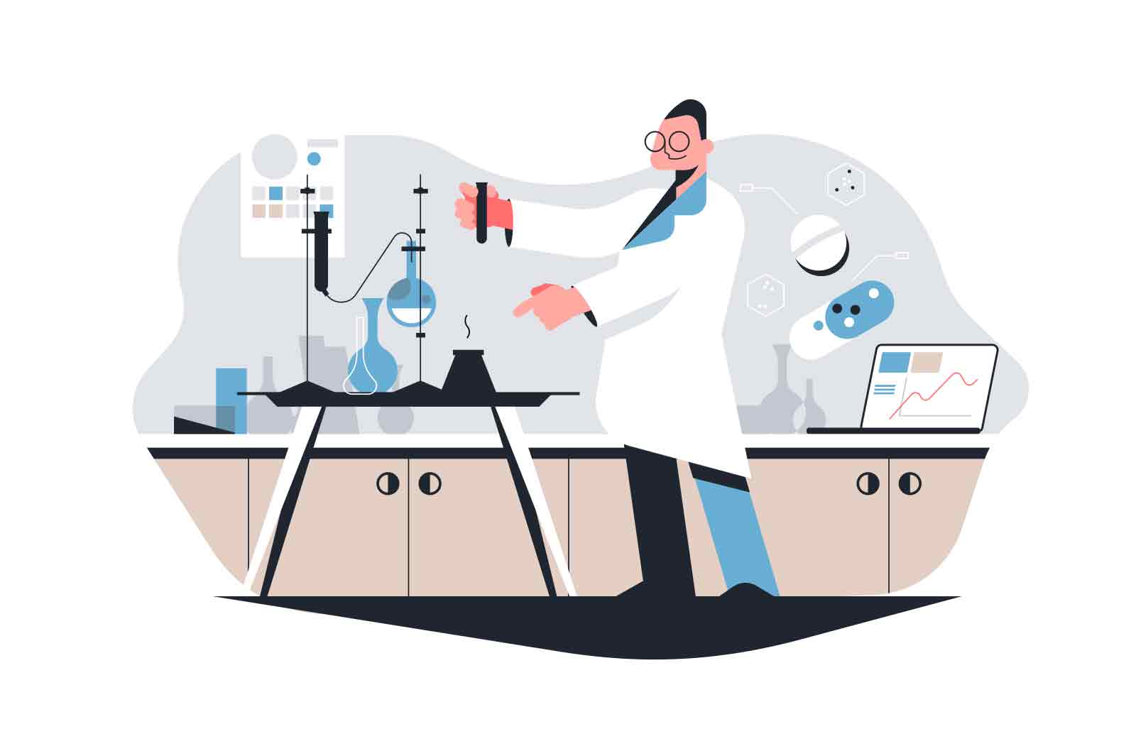 Laboratory assistant doing chemical tests at hospital lab vector illustration. Medicine, science, research and microbiology flat concept