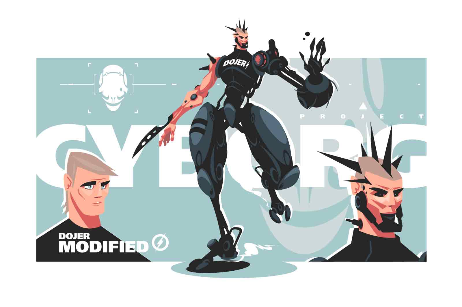 Modified dojer or cybernetic robot in exoskeleton vector illustration. Cyberpunk with new sci-fi modified hand flat concept