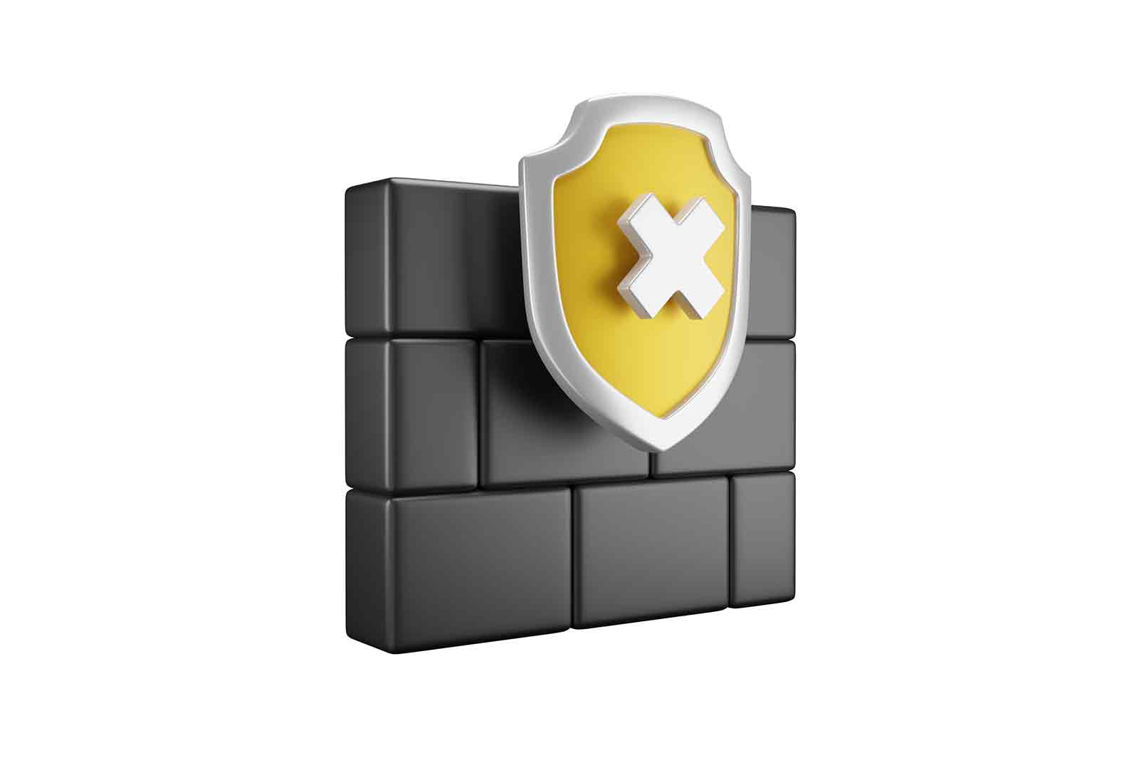 Firewall and shield with cross icon, digital protection 3d rendered illustration. Internet privacy cyber security or antivirus.
