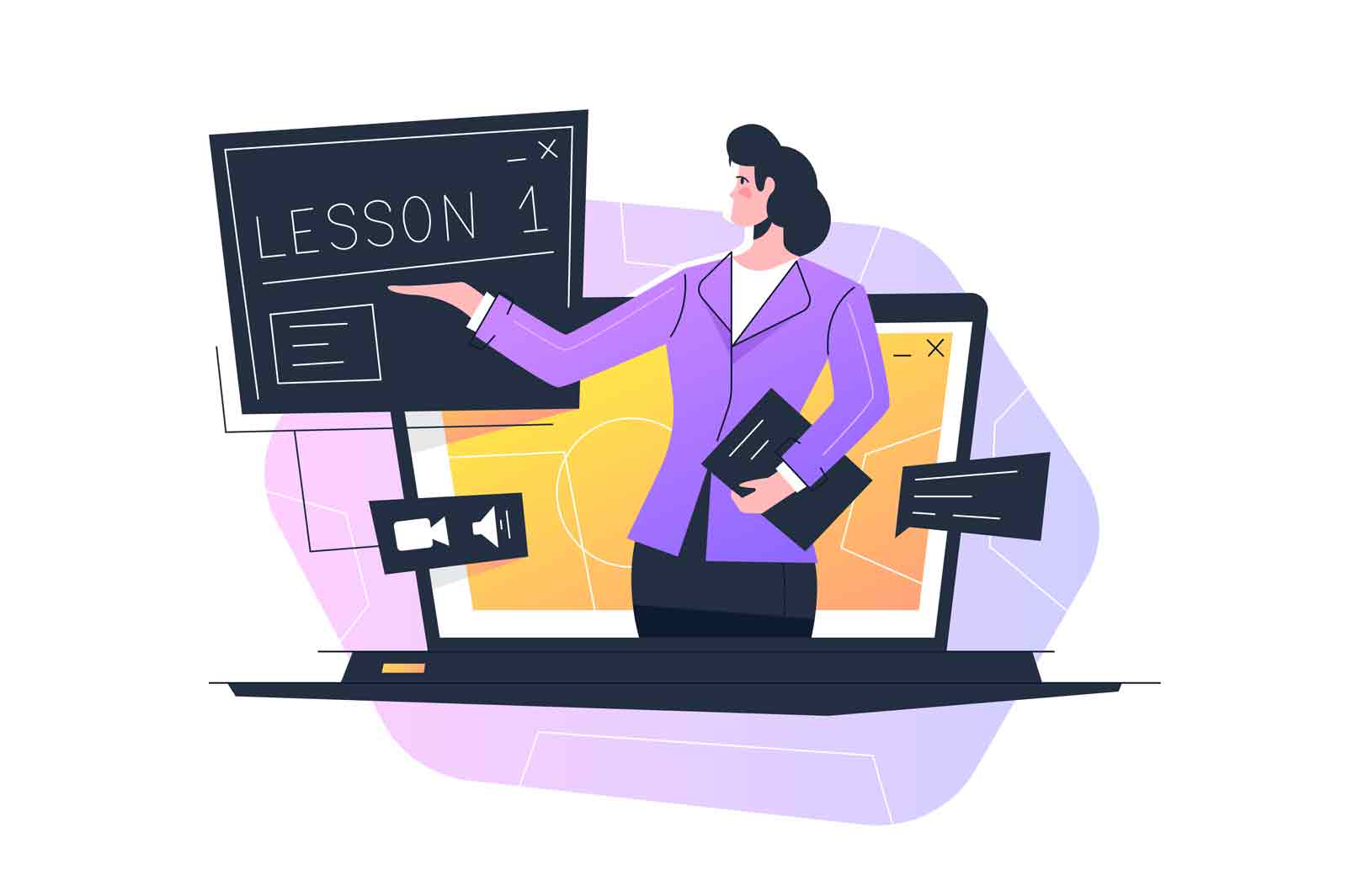 Online teacher or e-learning and distance learning vector illustration. Online education, home schooling flat style concept
