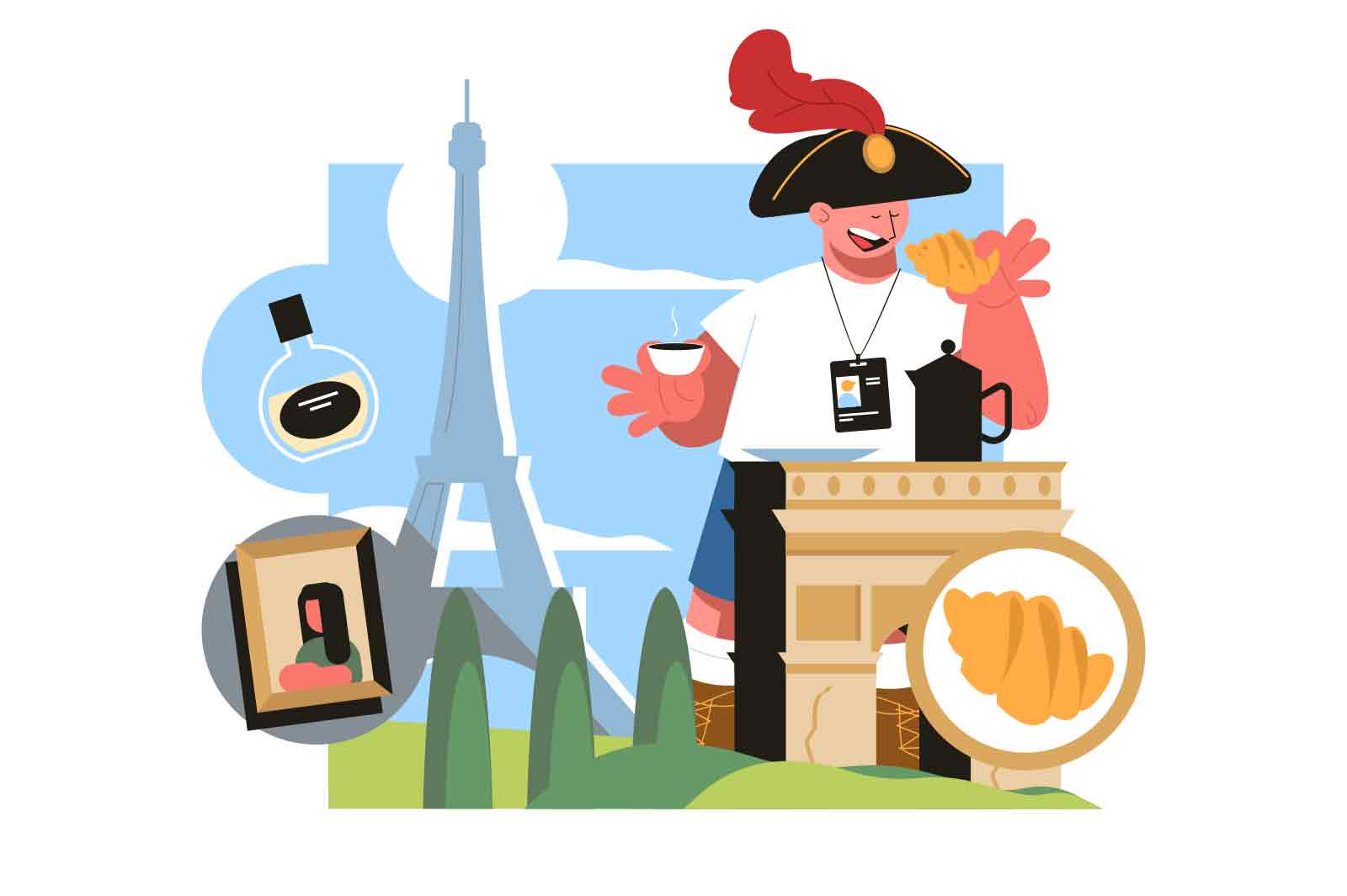 Paris famous travel landmark buildings and architecture sightseeing vector illustration. French culture, fashion, cuisine and national symbols