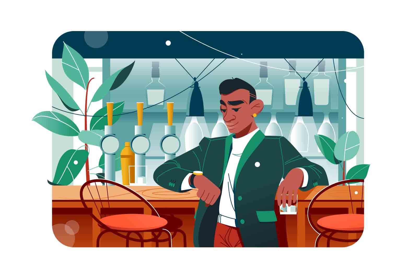 Smiling afro-american man waiting at meeting in bar vector illustration. Aframerican guy drinking beverage and looking at watch flat concept