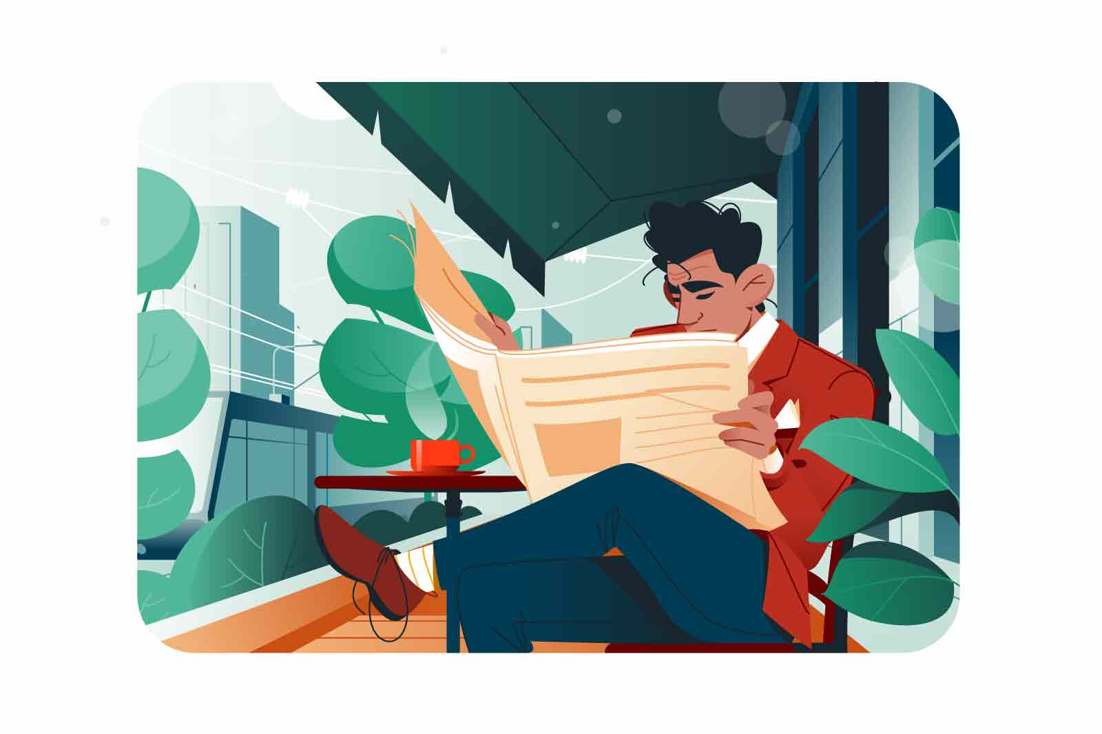 Handsome man sitting in cafe and reading morning press vector illustration. Guy drinking coffee and reading newspaper flat concept