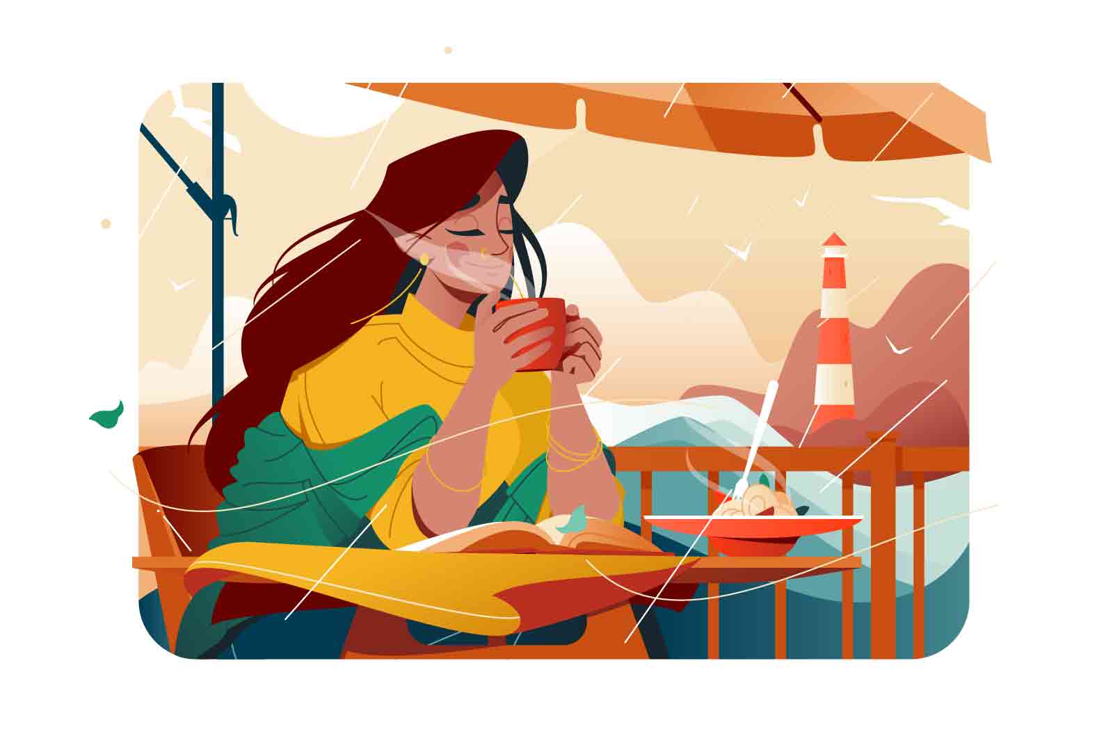 Cute smiling woman in warm clothes enjoying coffee at cafe vector illustration. Elegant female drinking coffee at cafe terrace. Leisure time flat concept