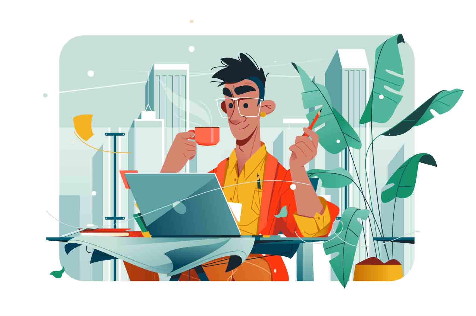 Guy working at laptop and drinking coffee vector illustration. Freelancer works at cafe. Freelancing job flat concept.