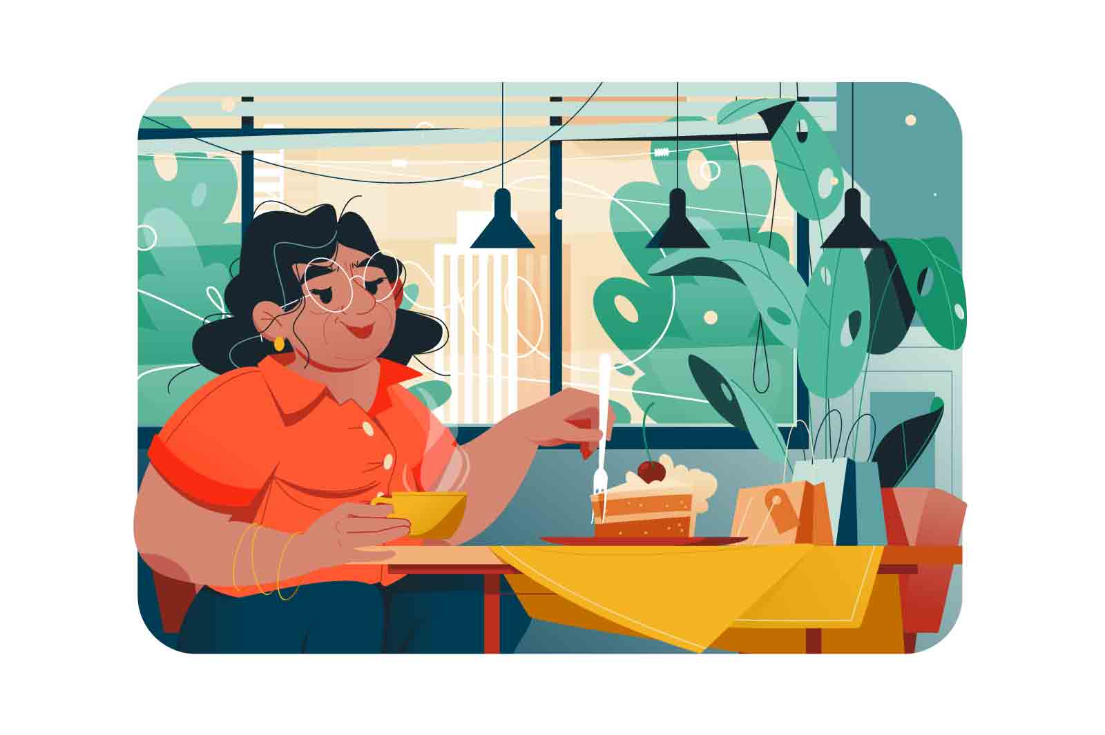 Middle-aged woman eating cake and drinking coffee in cafe vector illustration. Coffee time flat concept. Relaxed spare time