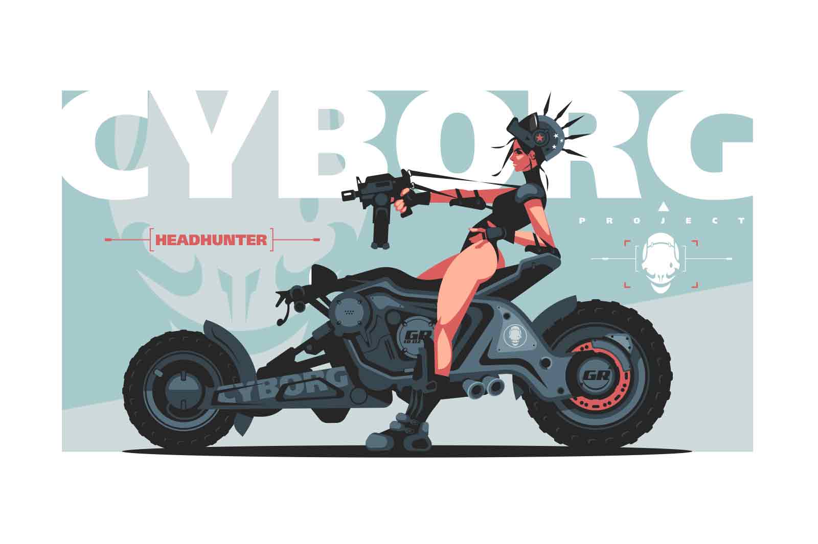 Female cyborg rider or cyberpunk girl on motorbike vector illustration. Girl in exoskeleton with weapons flat concept. Robotic headhunter