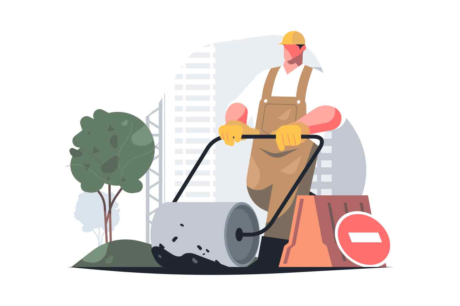 Worker using road roller makes paving on highway or street vector illustration. Road under construction flat style concept