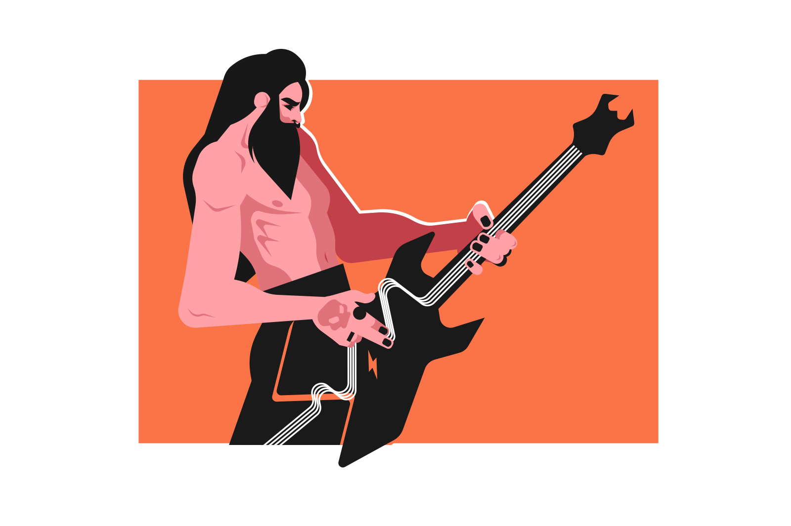 Artist male character playing on bass guitar vector illustration. Guy bassist musician training before concert play electric guitar