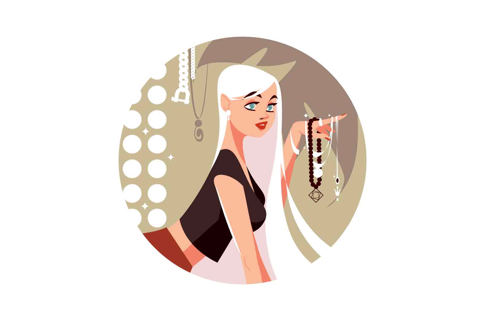 Fashionable blonde woman showing jewelry, promotional ad vector illustration. Cute girl with attractive appearance flat concept