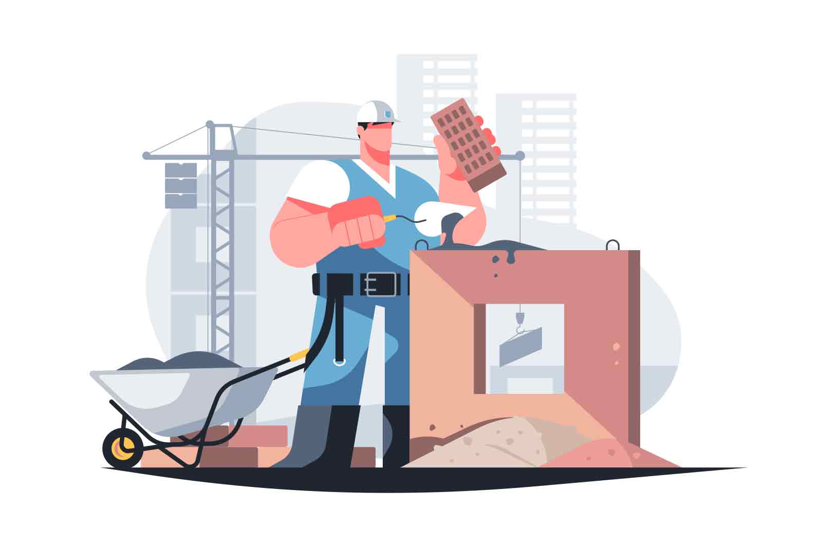 Man builder with trowel laying bricks in wall vector illustration. Building and construction industry flat concept