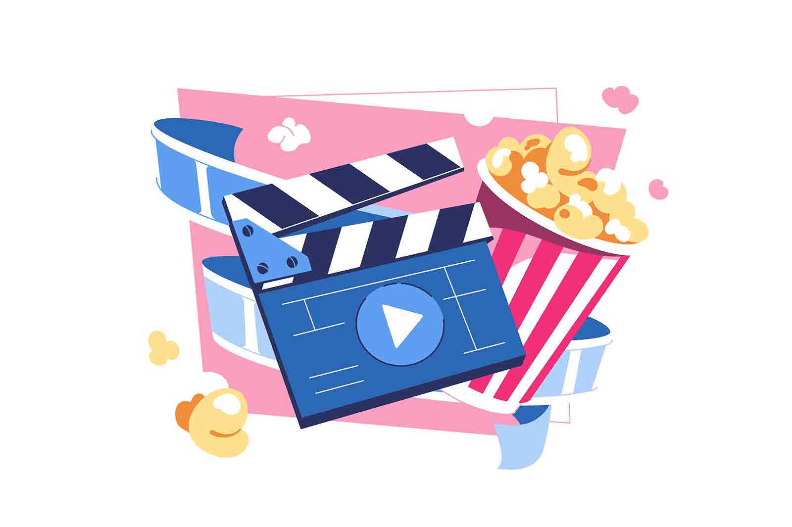 Clapperboard, popcorn bucket and filmstrip, film production vector illustration. Movie premiere show announcement flat style concept. Movie time