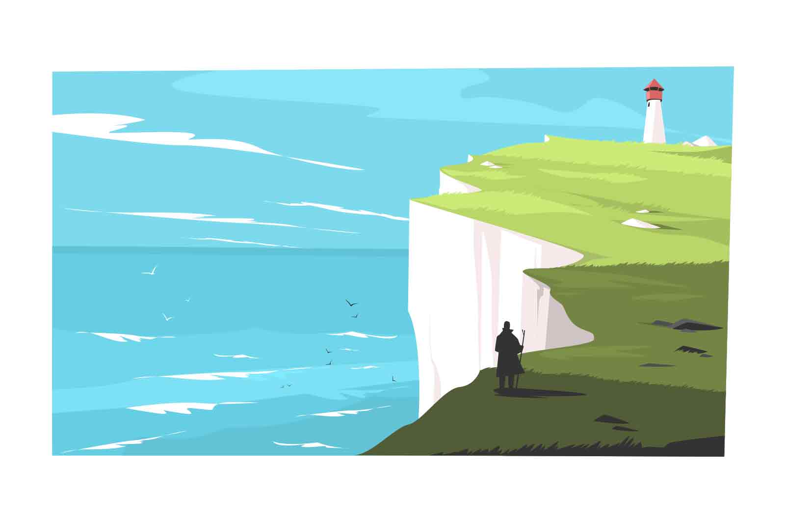 Sea coast landscape with cliff and marine lighthouse vector illustration. Picturesque seaview, seagulls and blue sky flat style concept