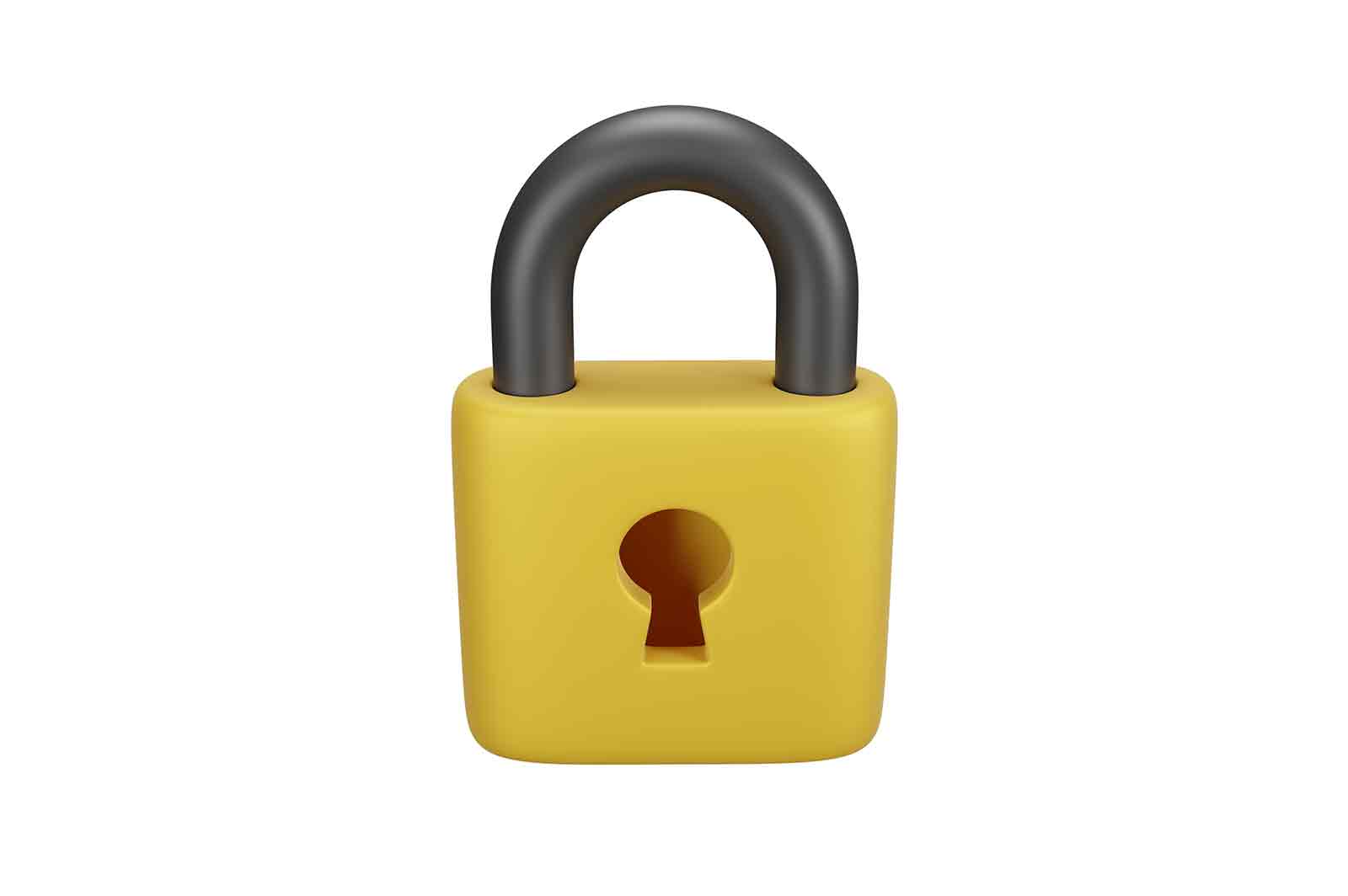 Yellow closed padlock, lock icon, safety and confidentiality information or property 3d rendered illustration.