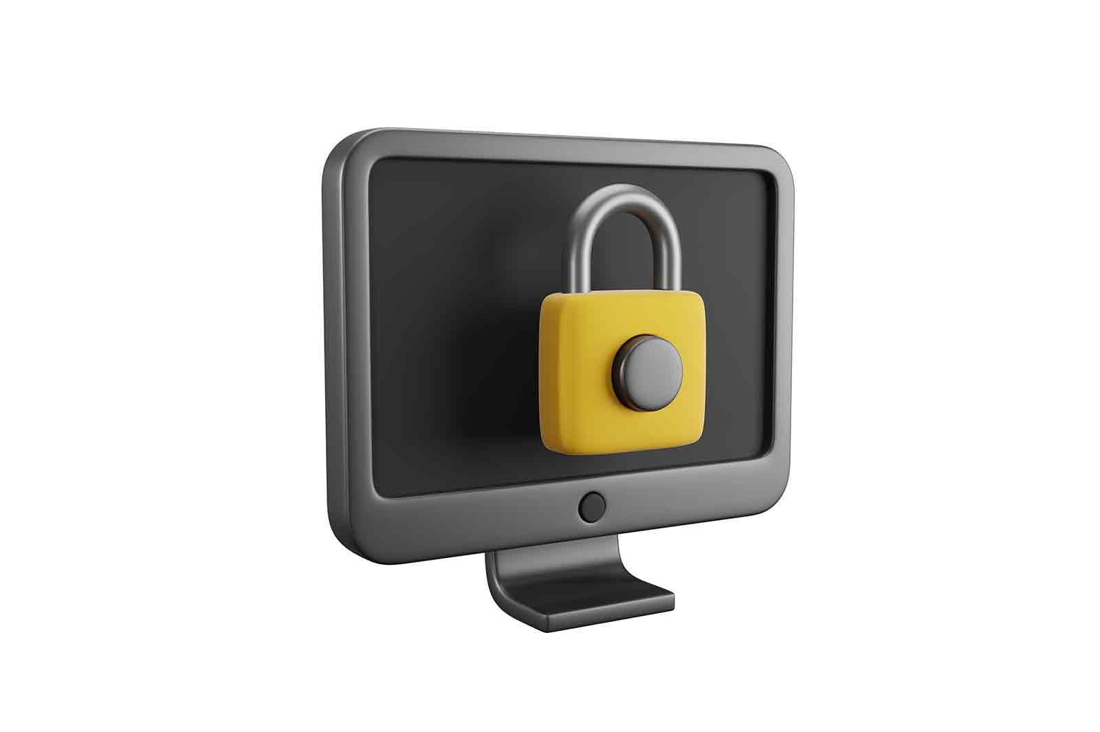 Pc monitor with closed padlock, internet security and virus protection web technology icon 3d rendered illustration.