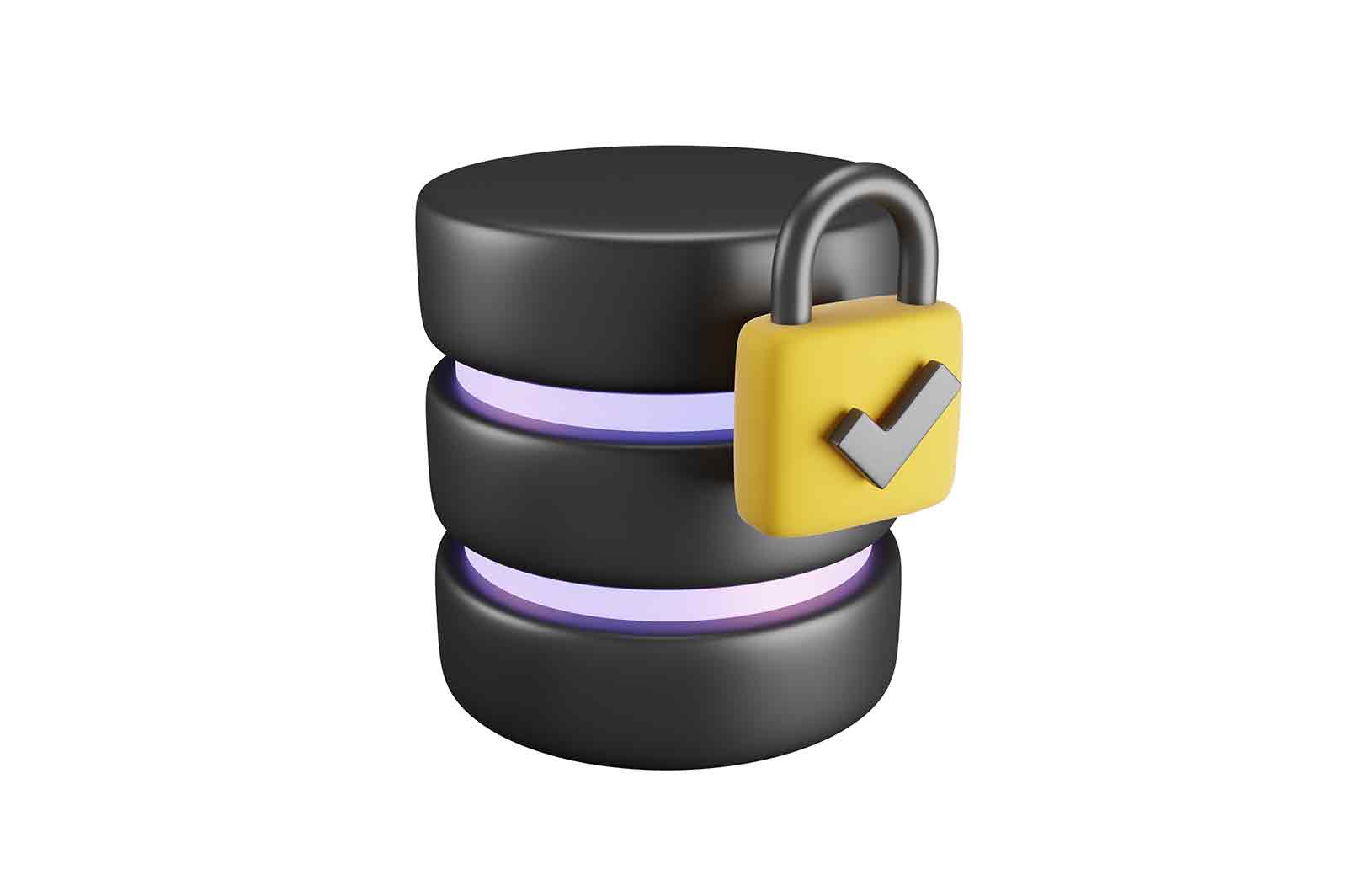Server protection unit with closed padlock icon, database protection 3d rendered illustration. Internet security, cyber safety and data privacy.