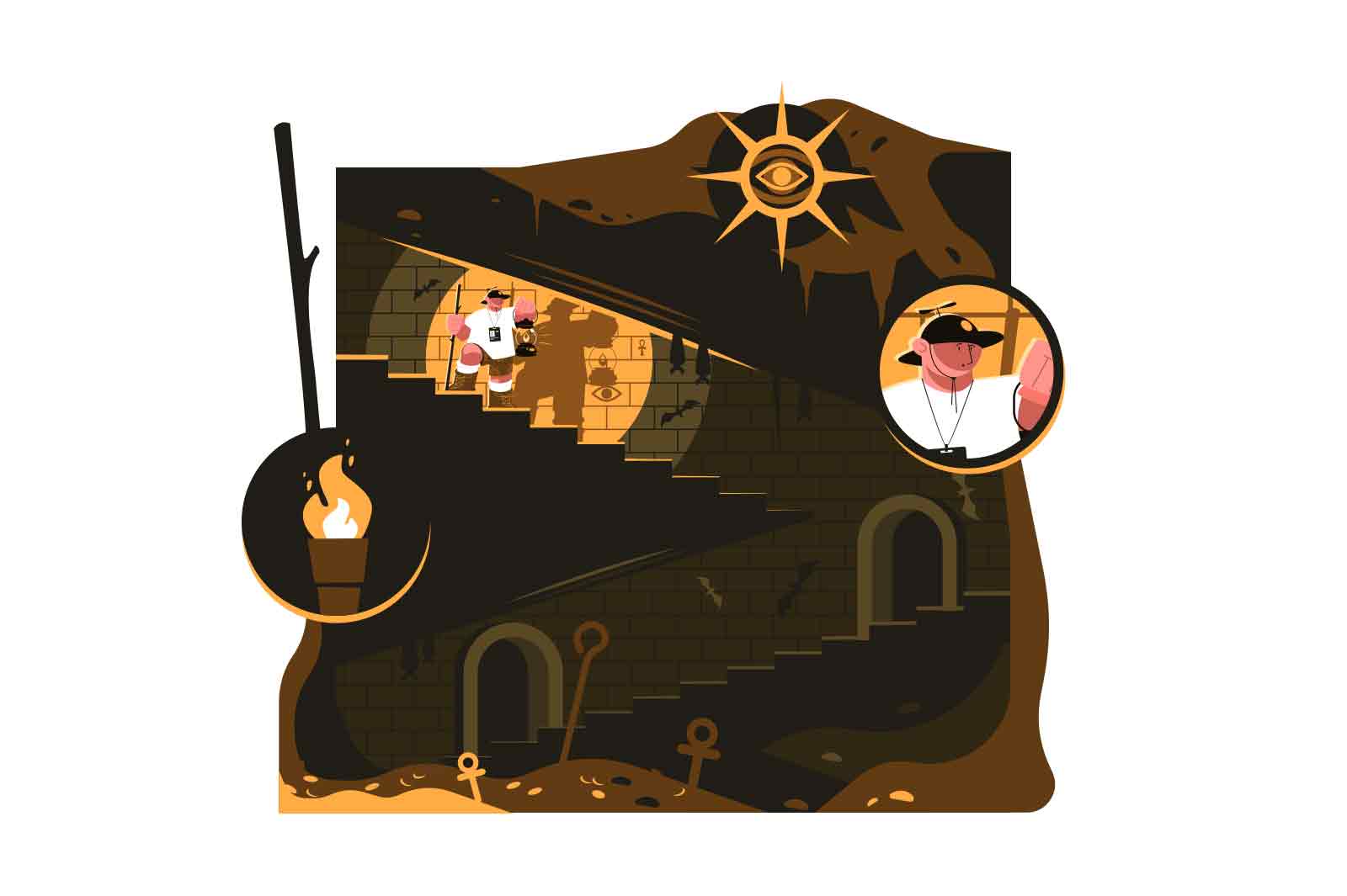 Dungeon crawler corridors with hidden golden treasures vector illustration. Guy with torch searching buried treasure flat concept