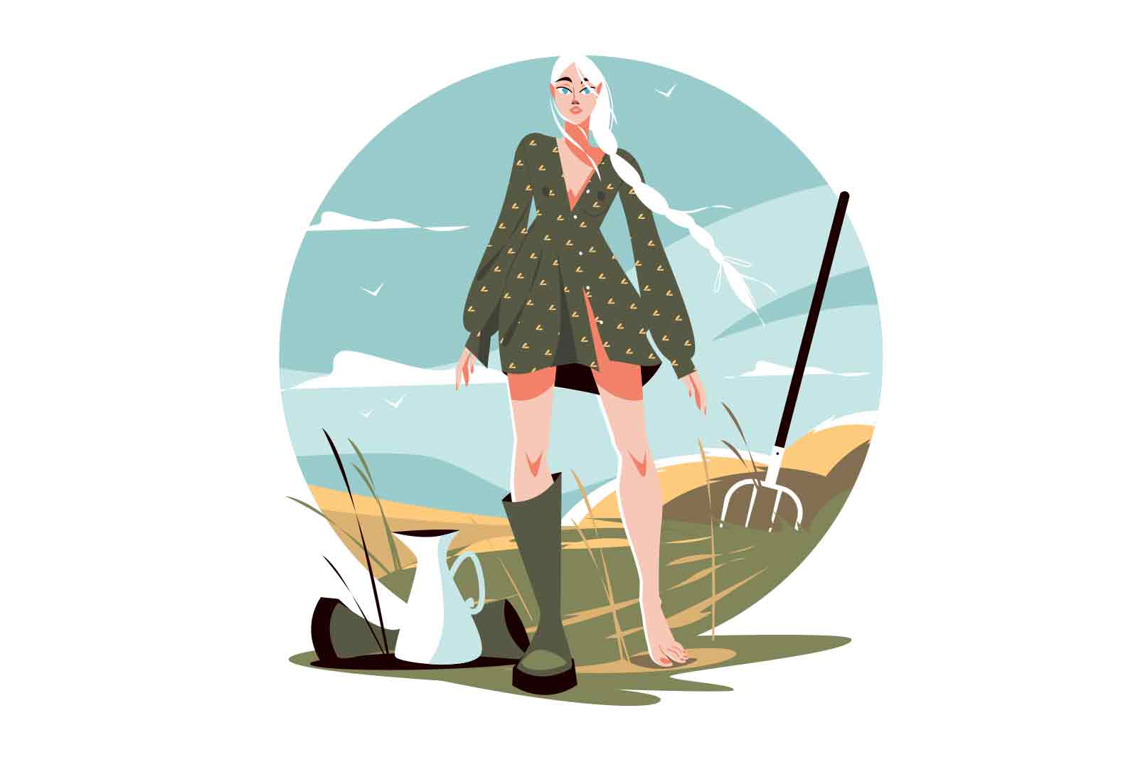 Rural girl working in field, countryside lifestyle vertor illustration. Harvesting or ingathering flat concept. Agriculture farming and nature