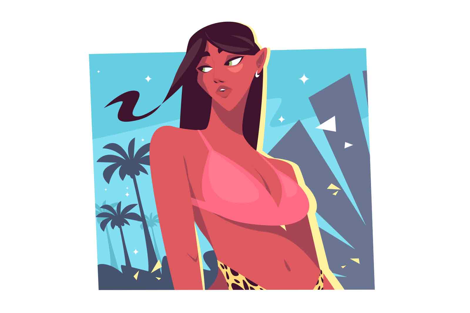 Cute girl in swimsuit on beach, summer time vector illustration. Hello summer flat style concept. Seaside vacation idea