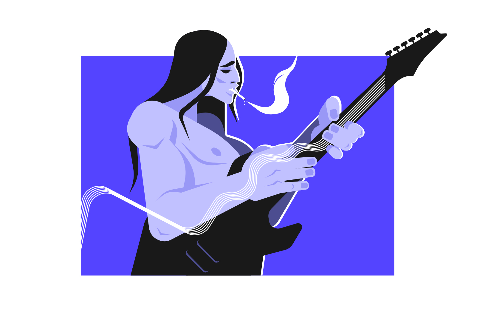 Guy guitar player musician playing on electric guitar vector illustration. Artist male character smoking and playing on bass guitar