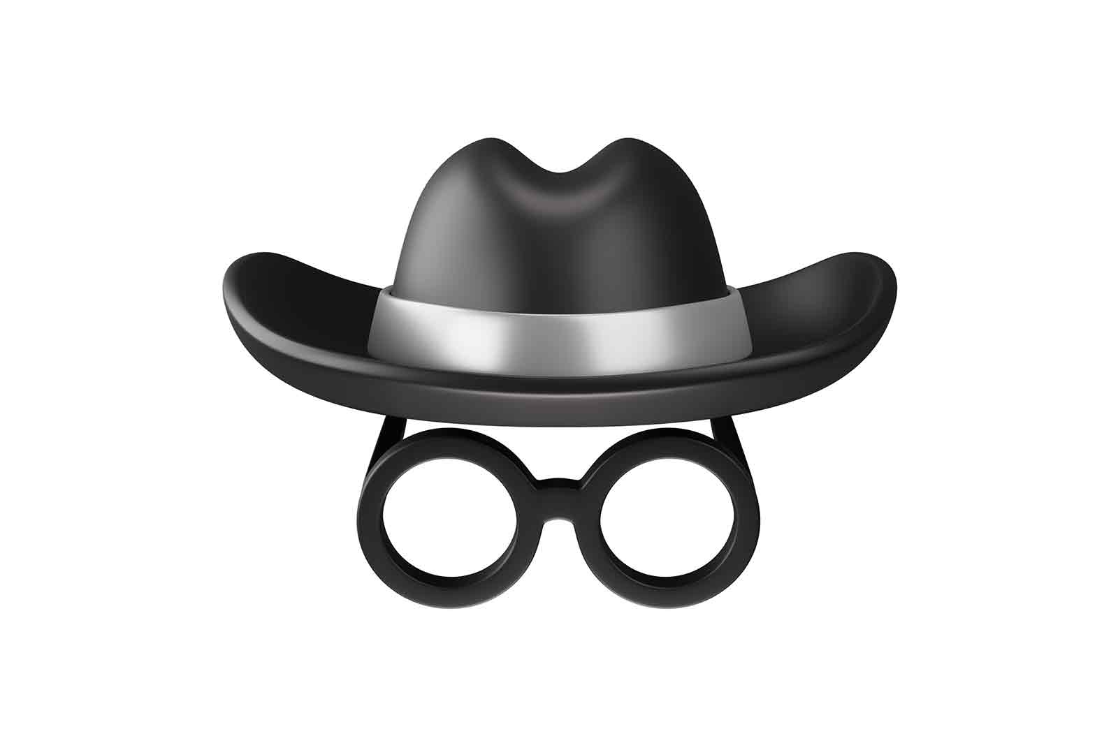 Black hat and eyeglasses icon, anonymous, spy person or detective face 3d rendered illustration. Incognita 3d isometric. Incognito mode, vpn. Virtual private network