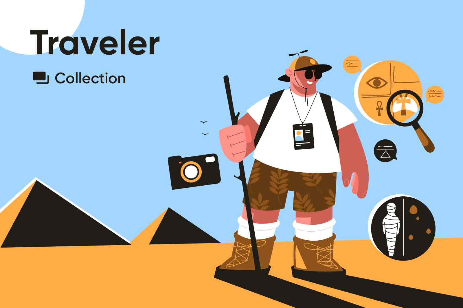 Story of traveling to interesting places. Vecyot character illustrations.