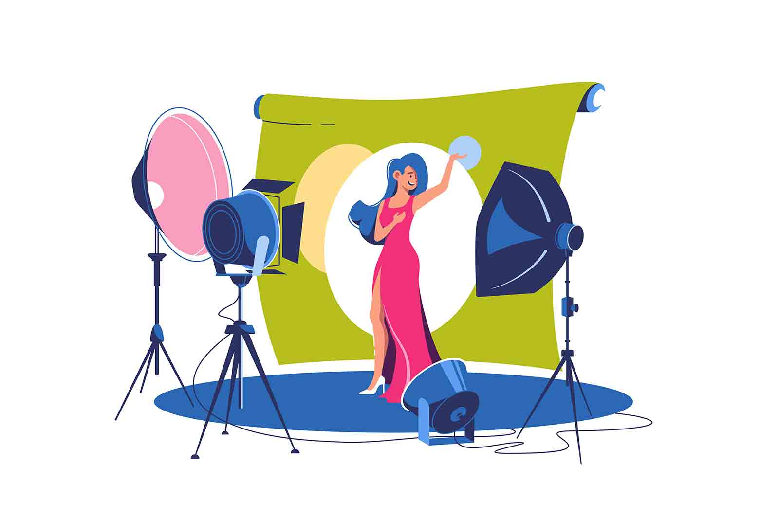 Professional photo studio lighting equipment and lights vector illustration. Spotlights, tripod stands with flash lamp, umbrella and floodlight