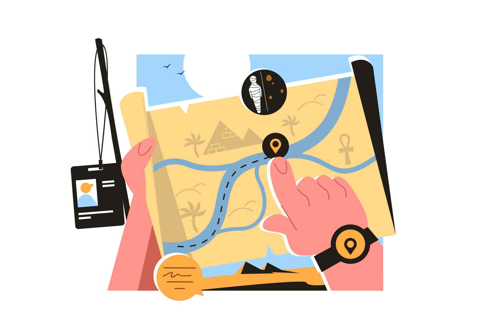 Egypt explore map with pin location tag vector illustration. Traveller hand pointing on attraction place flat concept