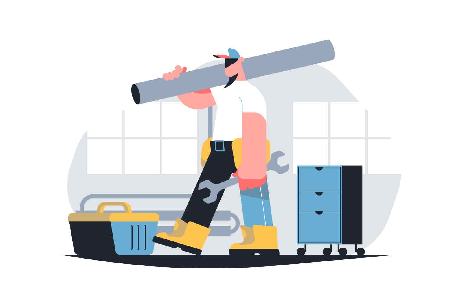 Mechanic character holding wrench and plastic pipe vector illustration. Male plumber repairing broken heating pipe. Plumbing handyman service