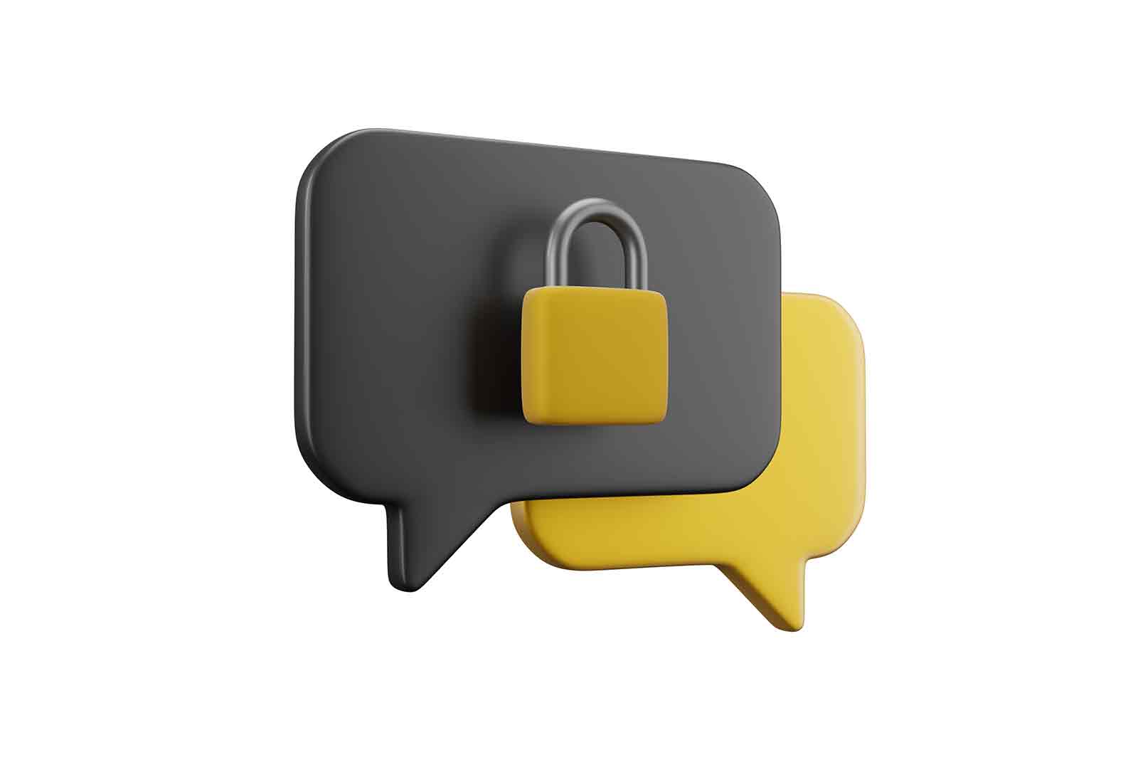 Chat, speech bubbles and closed padlock icon 3d rendered illustration. Chatting and message box, private chat or data protection secured