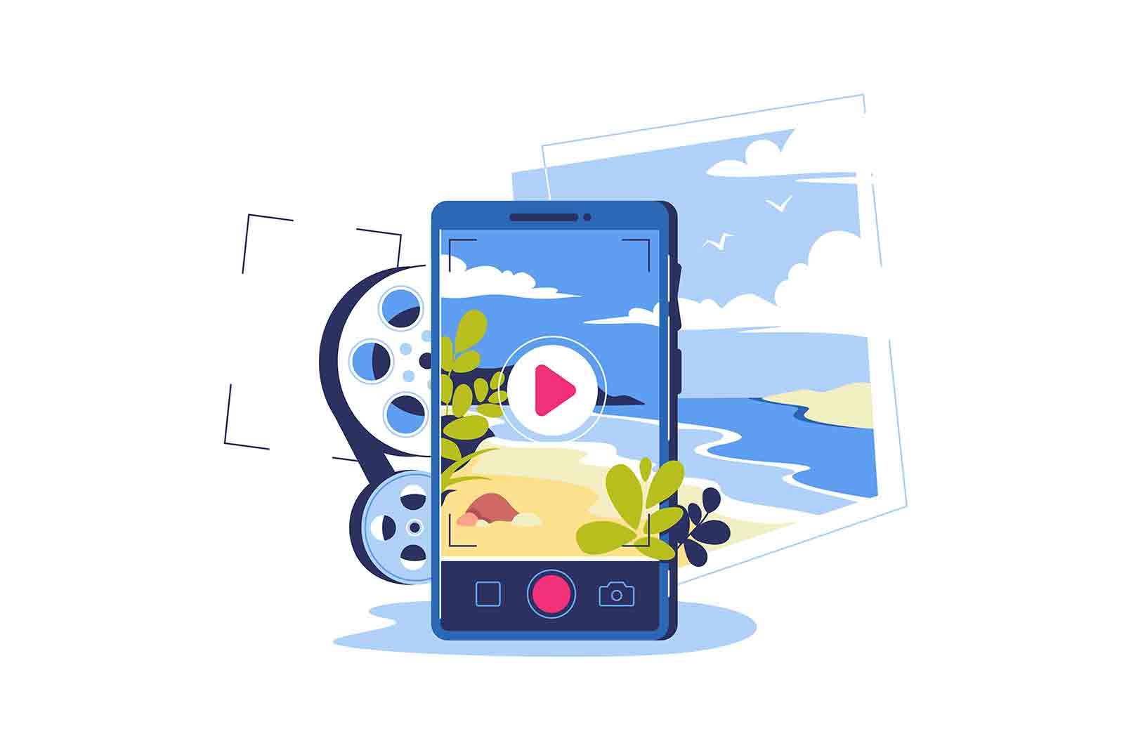 Video blogging, travel blog, recording video on mobile vector illustration. Streaming video for social media flat style concept