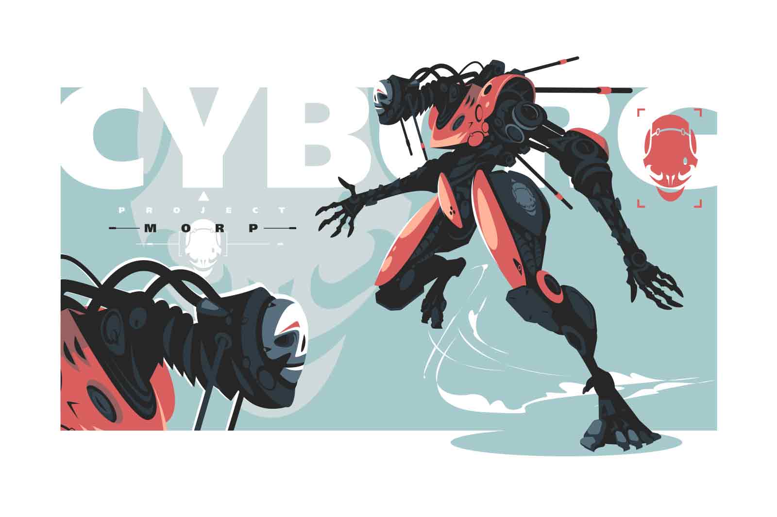 Battle cyborg, warrior or cybernetic military robot vector illustration. Warrior fantasy cyborg, futuristic technology flat concept