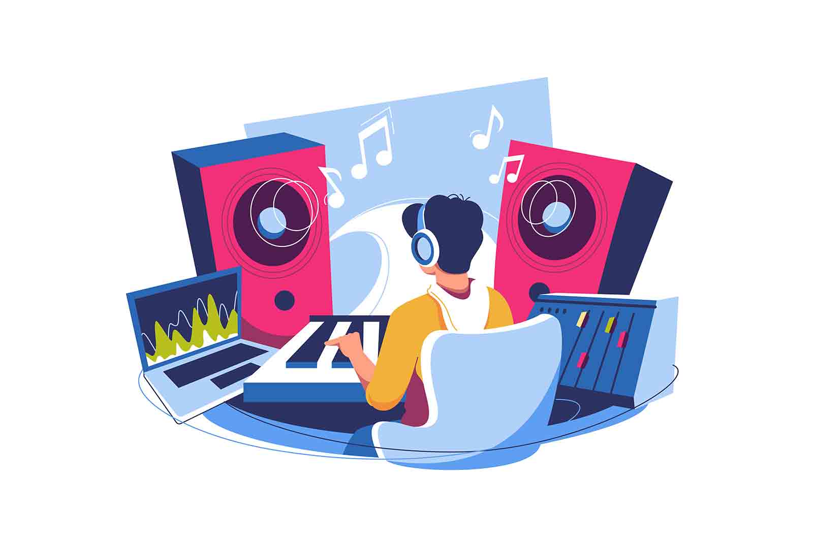 Music composer creating and recording music at workplace with computer, professional equipment, software vector illustration. Musician idea