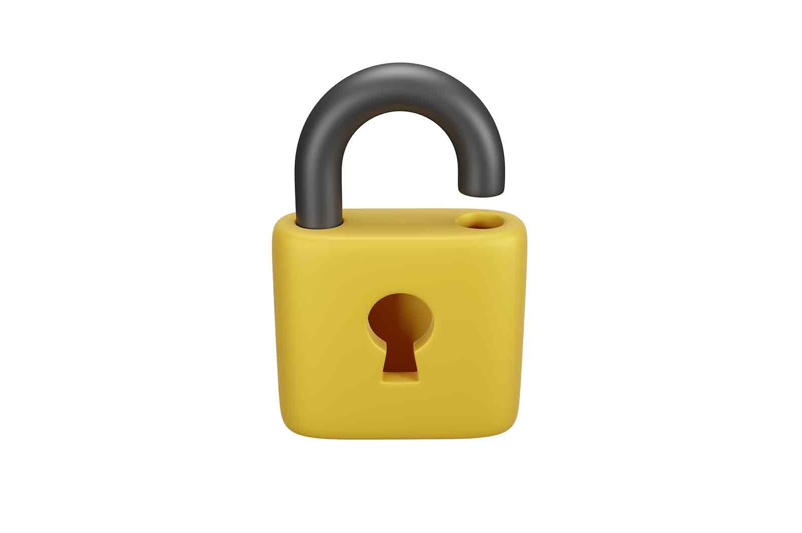 Open padlock icon, unblocked lock with steel shackle 3d rendered illustration. Theft and opening information and property. Breaking password and personal web account security 3d isometric