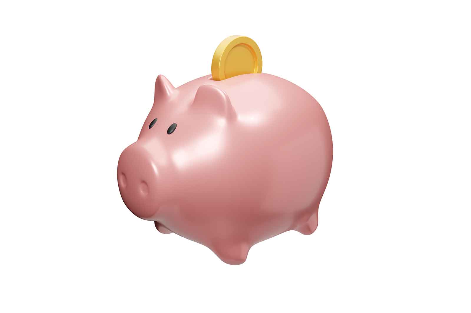 Piggy bank with golden coin icon, saving money 3D rendered illustration. Stability and security of money.