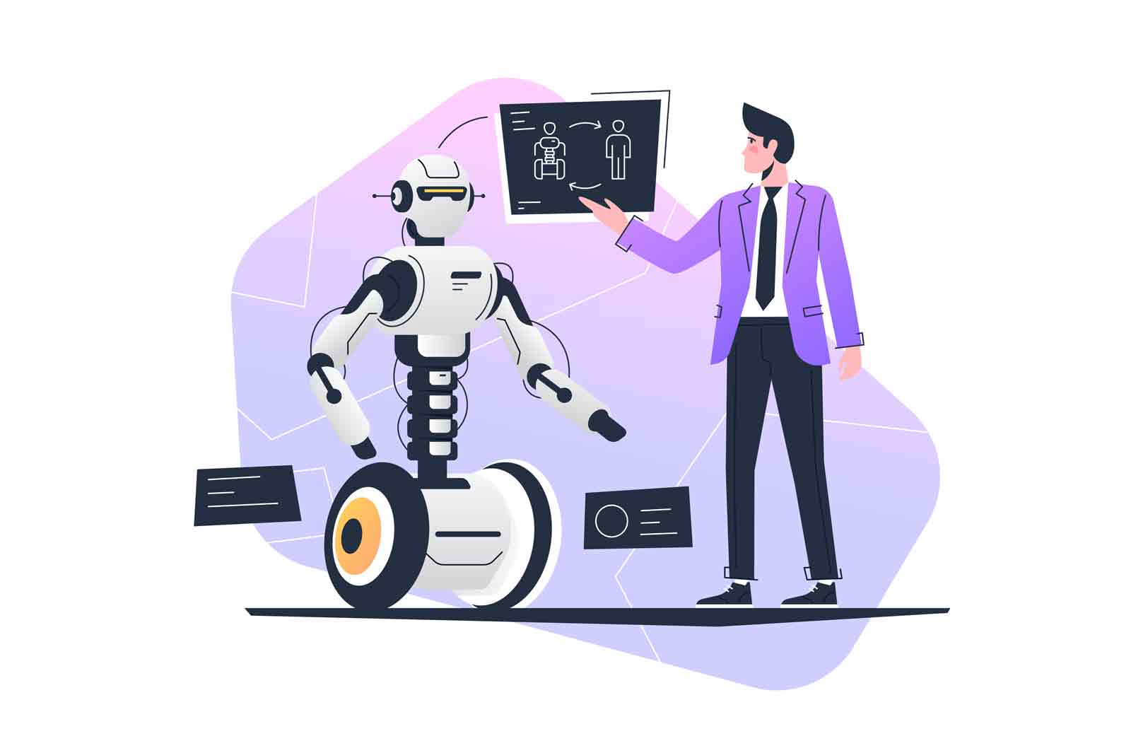 Connection between people and robot artificial intelligence vector illustration. Science and future technology flat concept